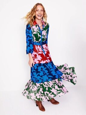 Boden Floral Colorblock Maxi Dress - Blue, Red, Pink & Green